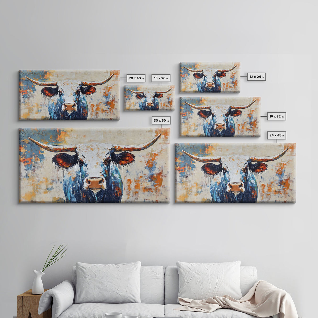 Longhorn Painting, Framed Canvas Print, Rustic Wall Art, Southwest Wall Art, Farmhouse Art, Extra Wide Art, Above Couch Art, Moody Art