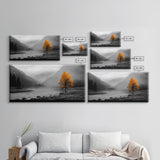 Autumn Tree in Fog, smoky mountain art, pine tree art, wabi sabi art, forest at dusk painting, fall wall art, rustic decor, Framed Canvas Print