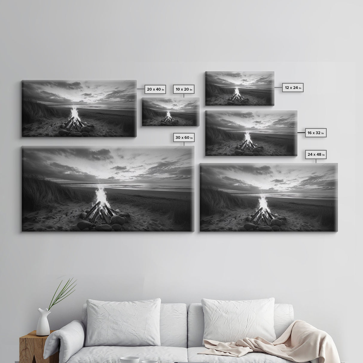 Bonfire on Beach, coastal decor, nautical painting, rustic art, beach sunset print, seascape painting, landscape painting, Framed Canvas Print