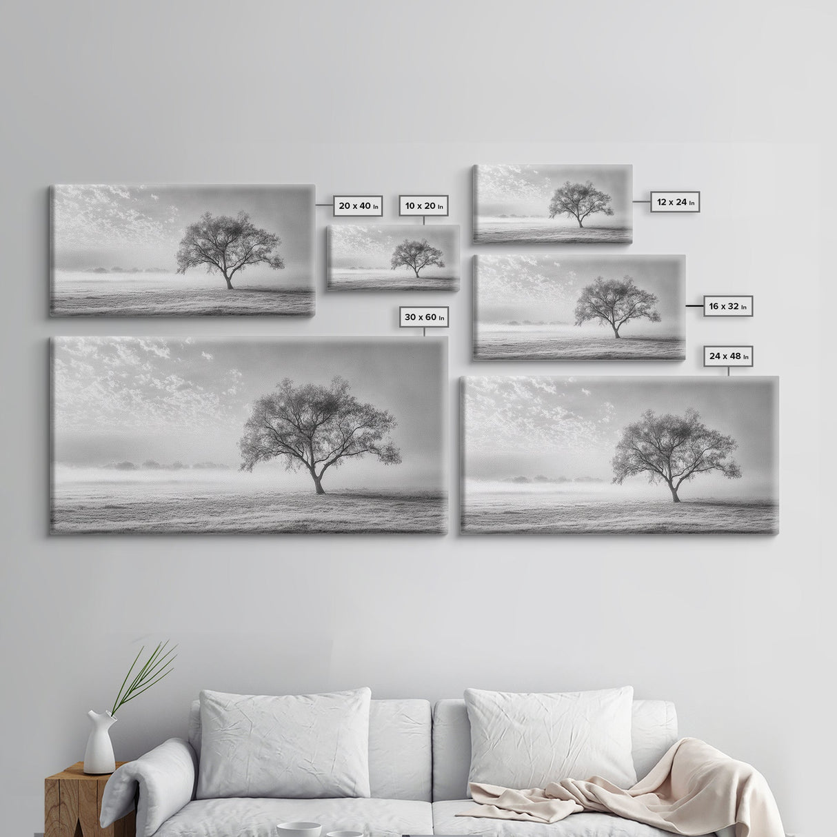 Solitary Tree, Minimalist Art, Landscape Painting, Oak Tree Art, Extra Wide Art, Moody Art, Wabi Sabi Wall Art, Framed Canvas Print
