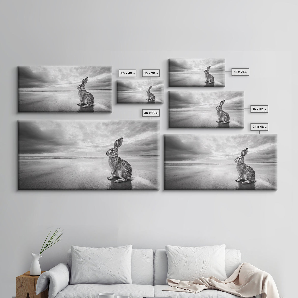 Rabbit Beach, whimsical art, coastal decor, animal painting, nature wall art, moody art, soft neutral tones, beach photography, Canvas Print