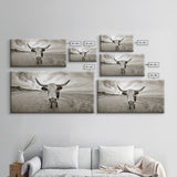 Longhorn, beach, western decor, rustic art, farmhouse art, extra wide art, above sofa art, panoramic painting, framed canvas print