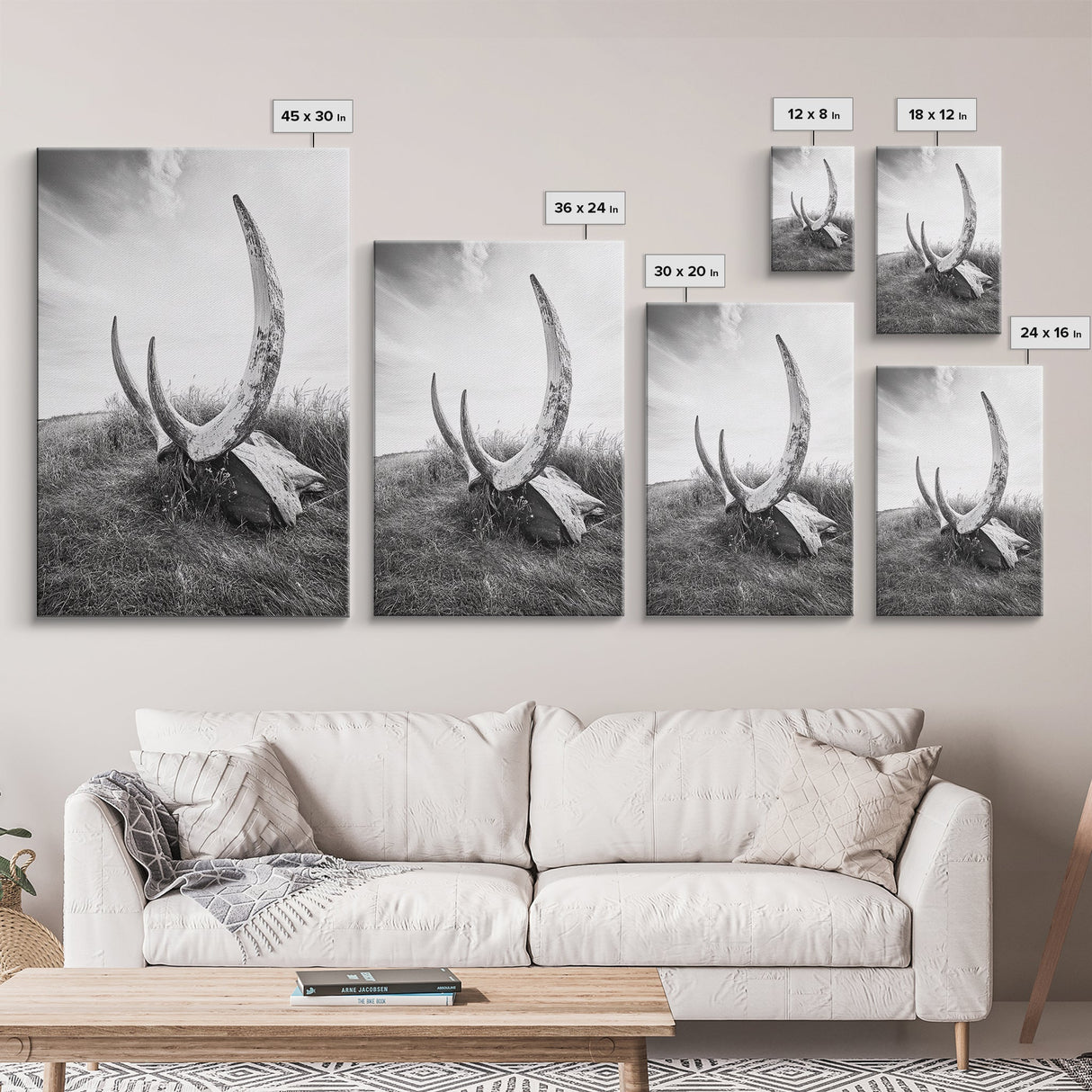 Large horns, rustic skull, bull and bear art, moody wall art, desert decor, cowboy aesthetic, framed canvas print, minimalist art