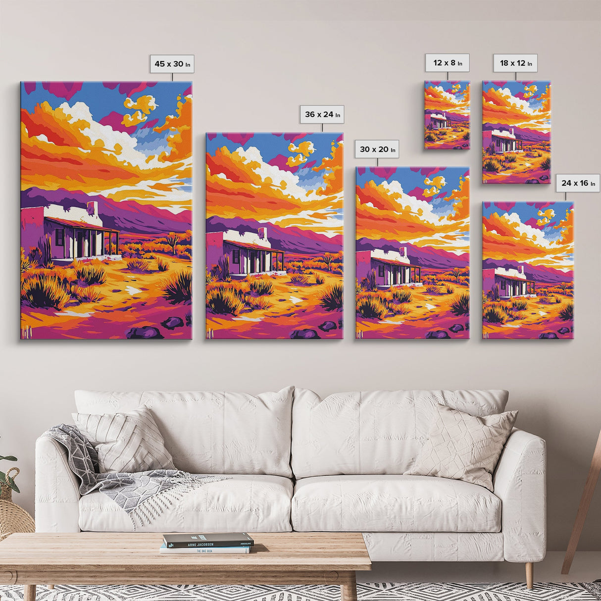Southwest sunset, desert house, Joshua tree art, pink orange wall art, rustic wall art, boho art, framed canvas print, landscape painting