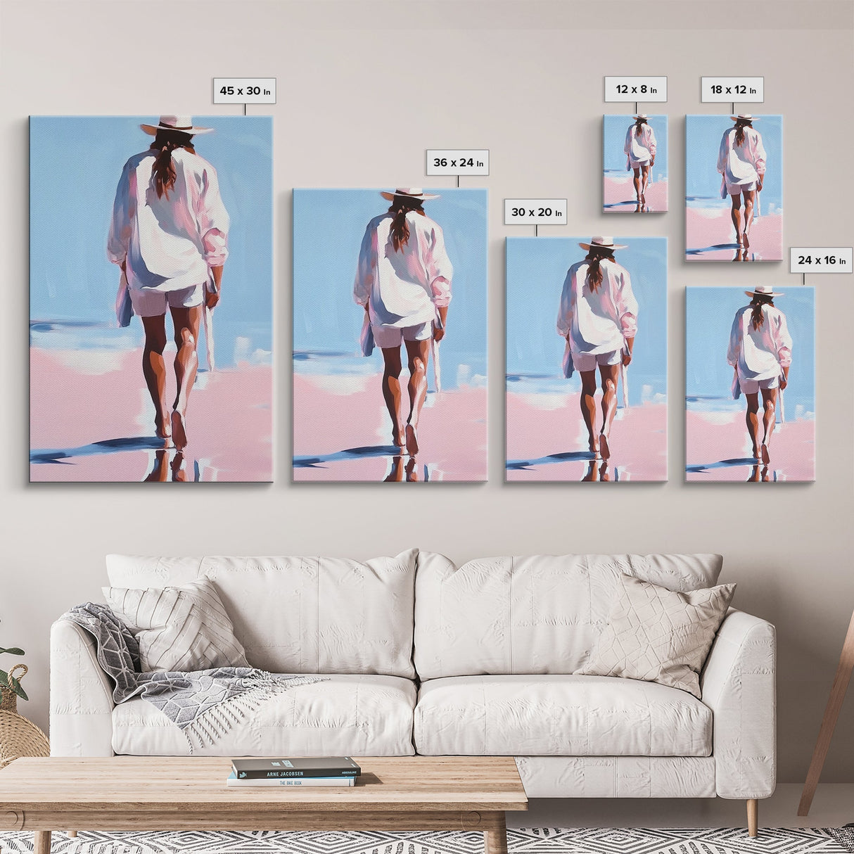Beach Walk, coastal cowgirl wall art, boho art, pink orange wall art, light pink wall art, coastal decor, framed canvas print