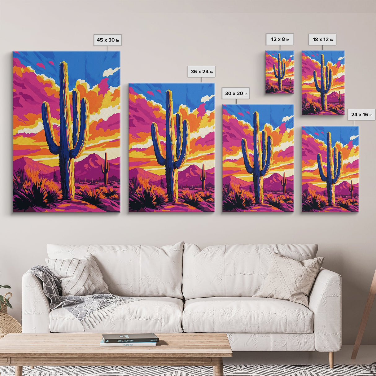 Southwest Cactus Art, Desert Wall Decor, Pink Orange Wall Art, Bold Sunset Art, Framed Canvas Print, Gift Idea, Rustic Wall Art