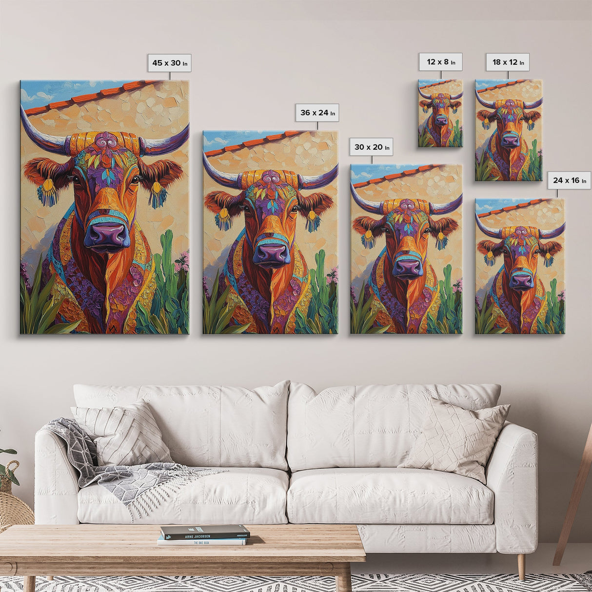 Colorful Bull, Mosaic Wall Art, Chicano Art, Southwest Wall Art, Canvas Print, Farmhouse Art, Rustic Decor, Gift Idea, Boho Art