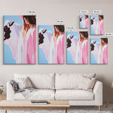 Cowgirl and Cow, black cowgirl painting, coastal cowgirl wall art, western decor, gift idea for her, boho art, light pink wall art, Canvas Print