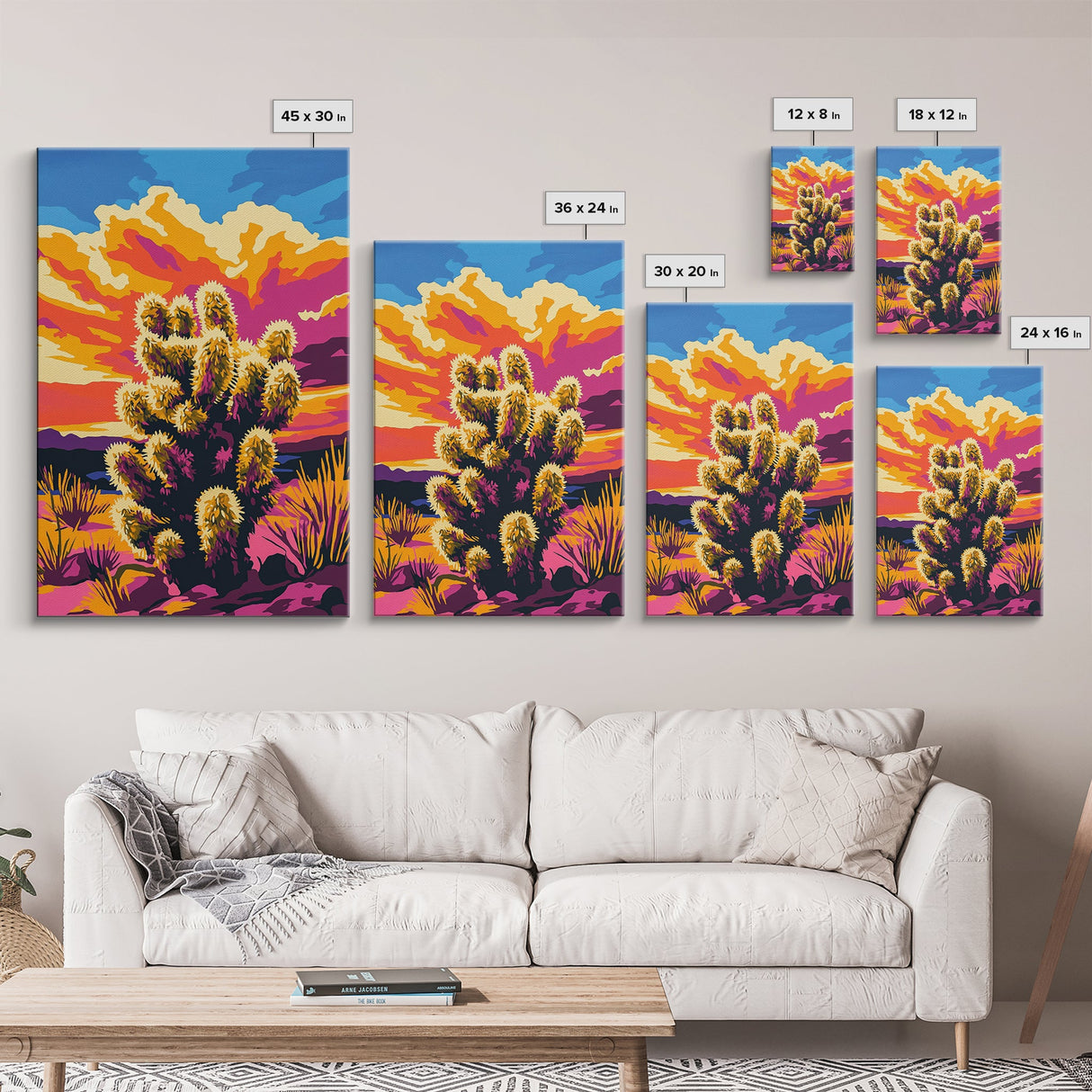 Sunset Cactus, Joshua tree art, pink orange wall art, southwest wall art, gift idea for him, extra wide art, bold colors, Framed Canvas Print