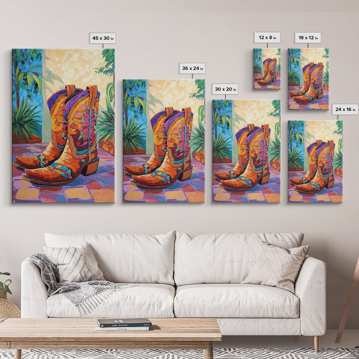 Painted Boots, coastal cowgirl wall art, vibrant rustic decor, colorful western art, cowboy art, southwest wall art, framed canvas print, gift idea