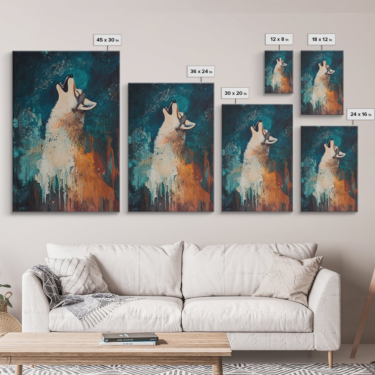 Abstract Wolf, howling at moon, moody blue tones, modern rustic art, wildlife painting, framed canvas print, dark romance painting