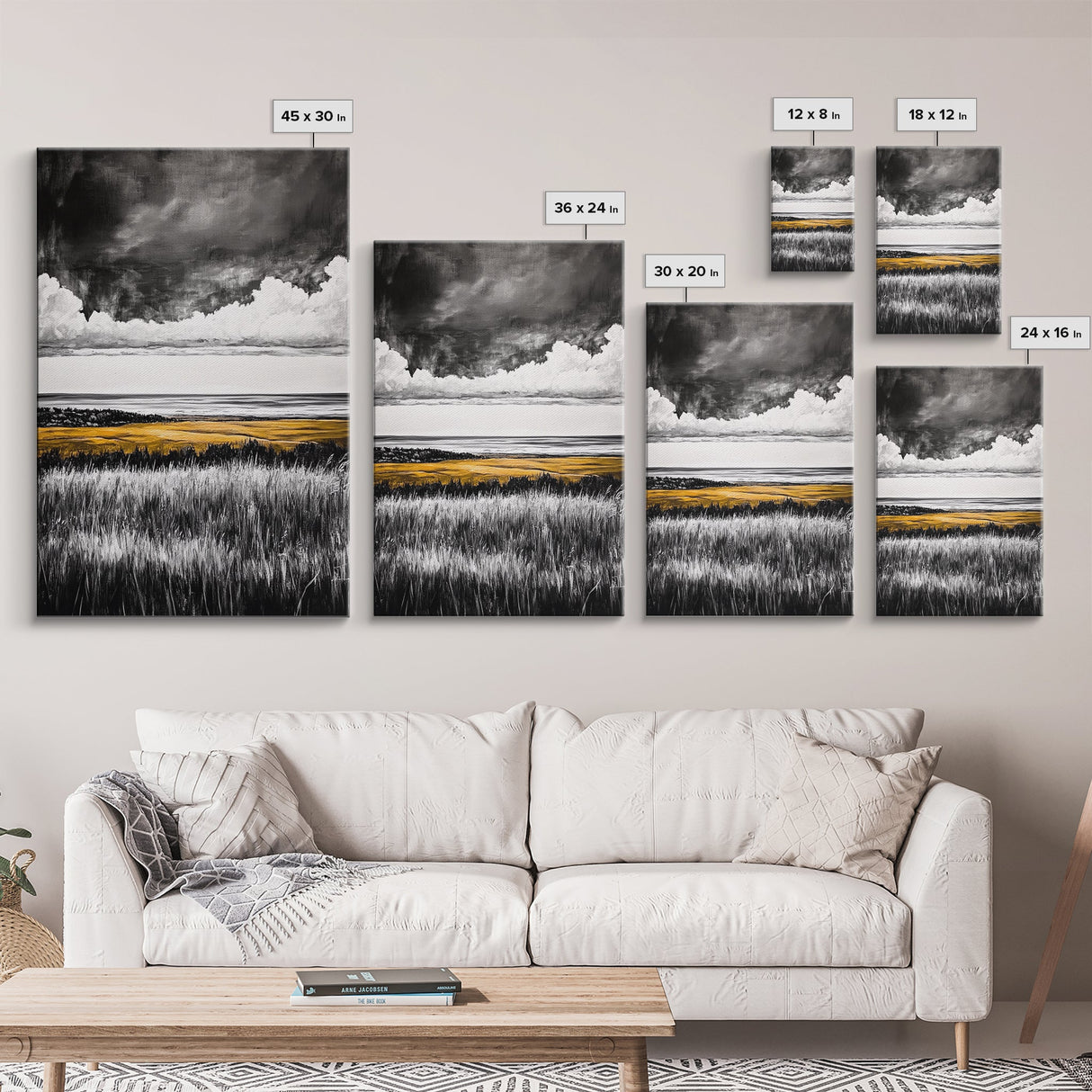 Moody Landscape, dramatic clouds, black and white, gold fields, panoramic art, rustic decor, framed canvas print, extra wide art