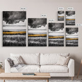 Moody Landscape, dramatic clouds, black and white, gold fields, panoramic art, rustic decor, framed canvas print, extra wide art