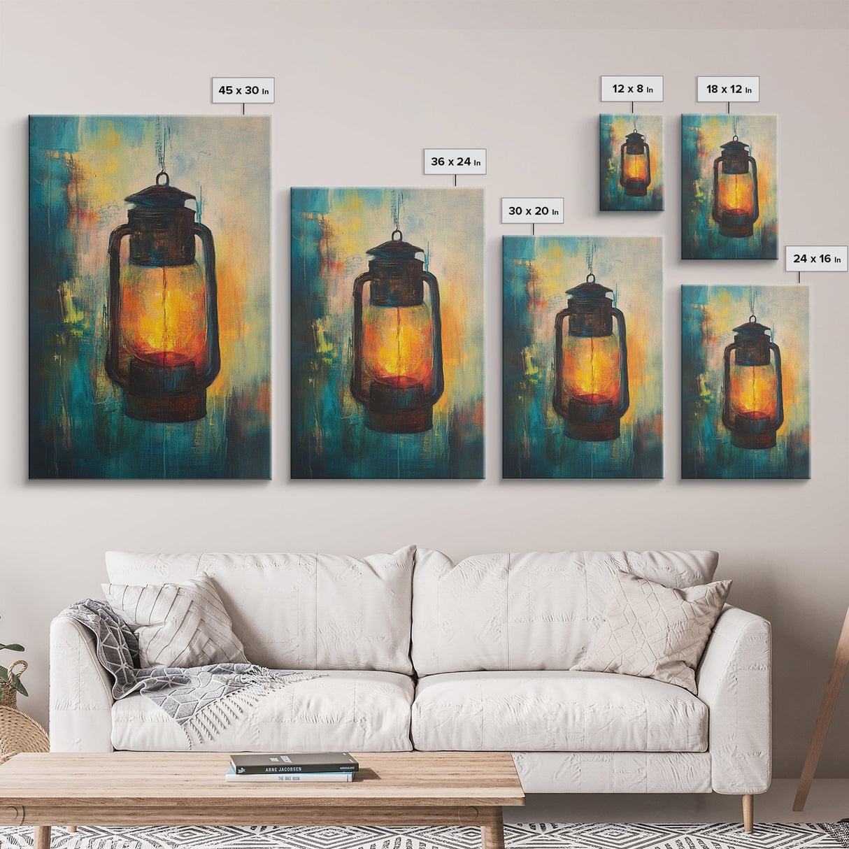 Lantern Glow, moody art, rustic decor, farmhouse art, warm light painting, southwest wall art, wabi sabi art, Framed Canvas Print