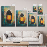 Lantern Glow, moody art, rustic decor, farmhouse art, warm light painting, southwest wall art, wabi sabi art, Framed Canvas Print
