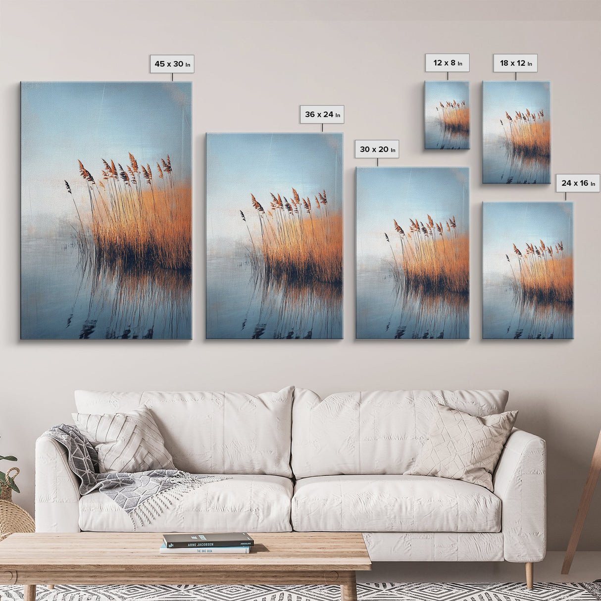 Lake Reeds Reflection, wabi sabi art, minimalist art, coastal decor, coastal landscape art, nautical painting, Framed Canvas Print