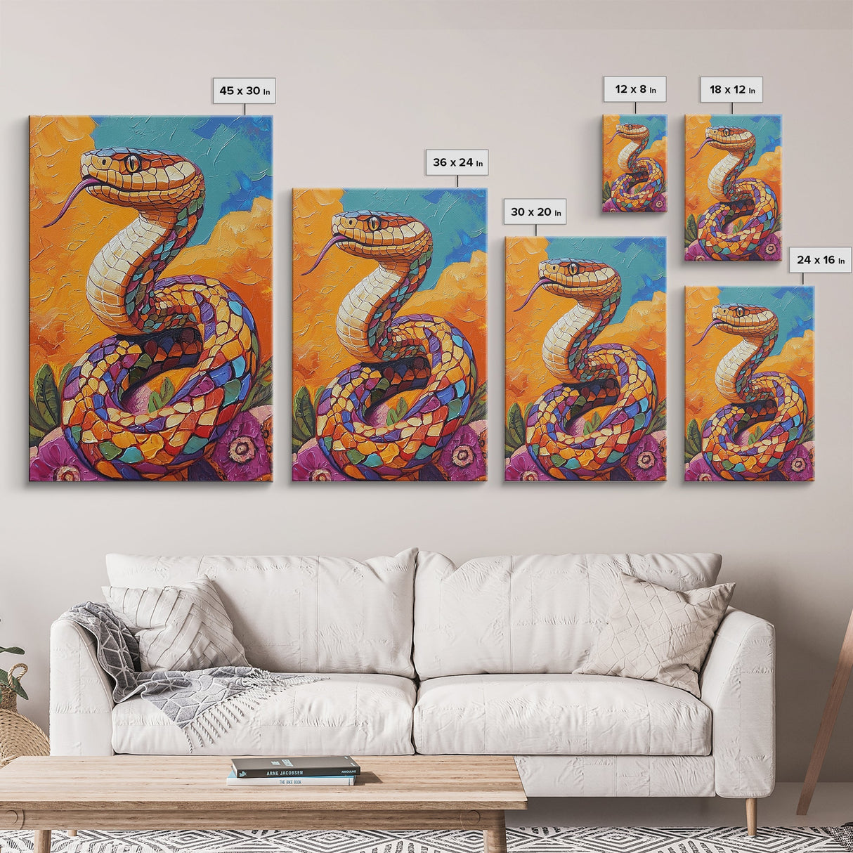 Colorful Snake, Mosaic Snake Painting, Desert Wall Art, Southwest Decor, Boho Art, Living Room Art, Canvas Print, Gift Idea