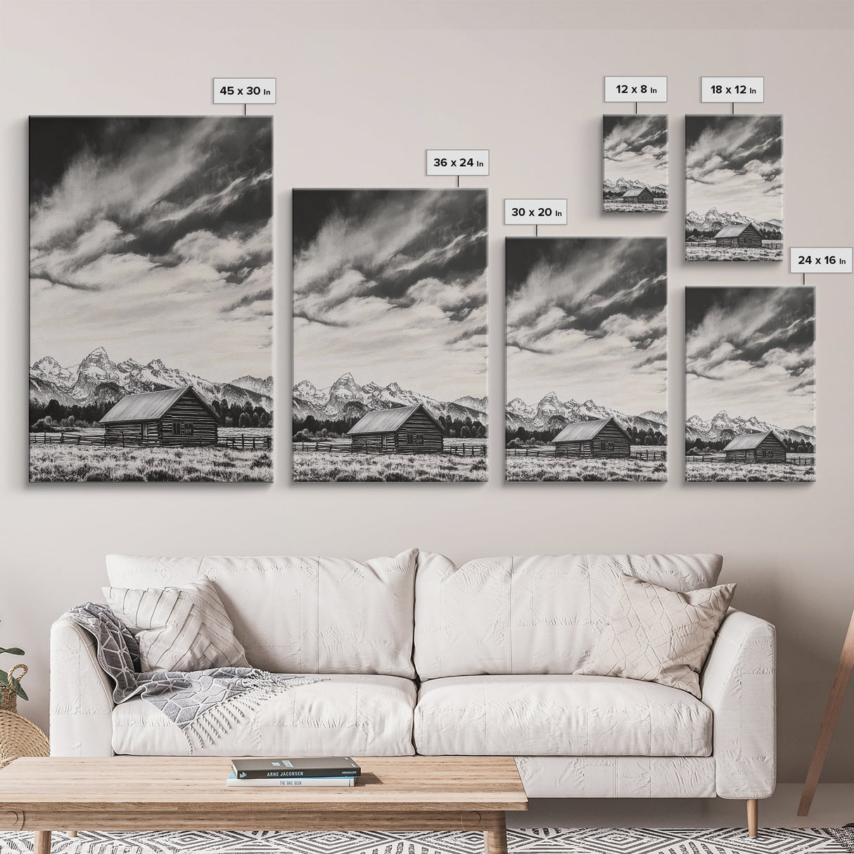 Rustic Cabin, Smoky Mountain Art, Black and White Landscape, Western Wall Art, Wabi Sabi Art, Farmhouse Decor, Canvas Print