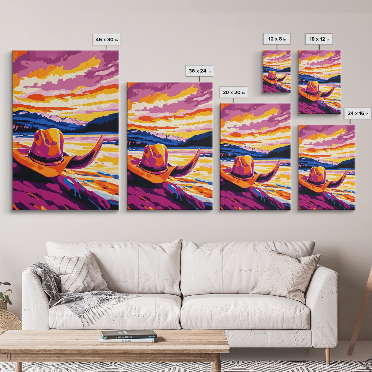 Cowgirl hat landscape, cowboy decor, rustic wall art, boho art, pink orange wall art, framed canvas print, western wall art, above bed art