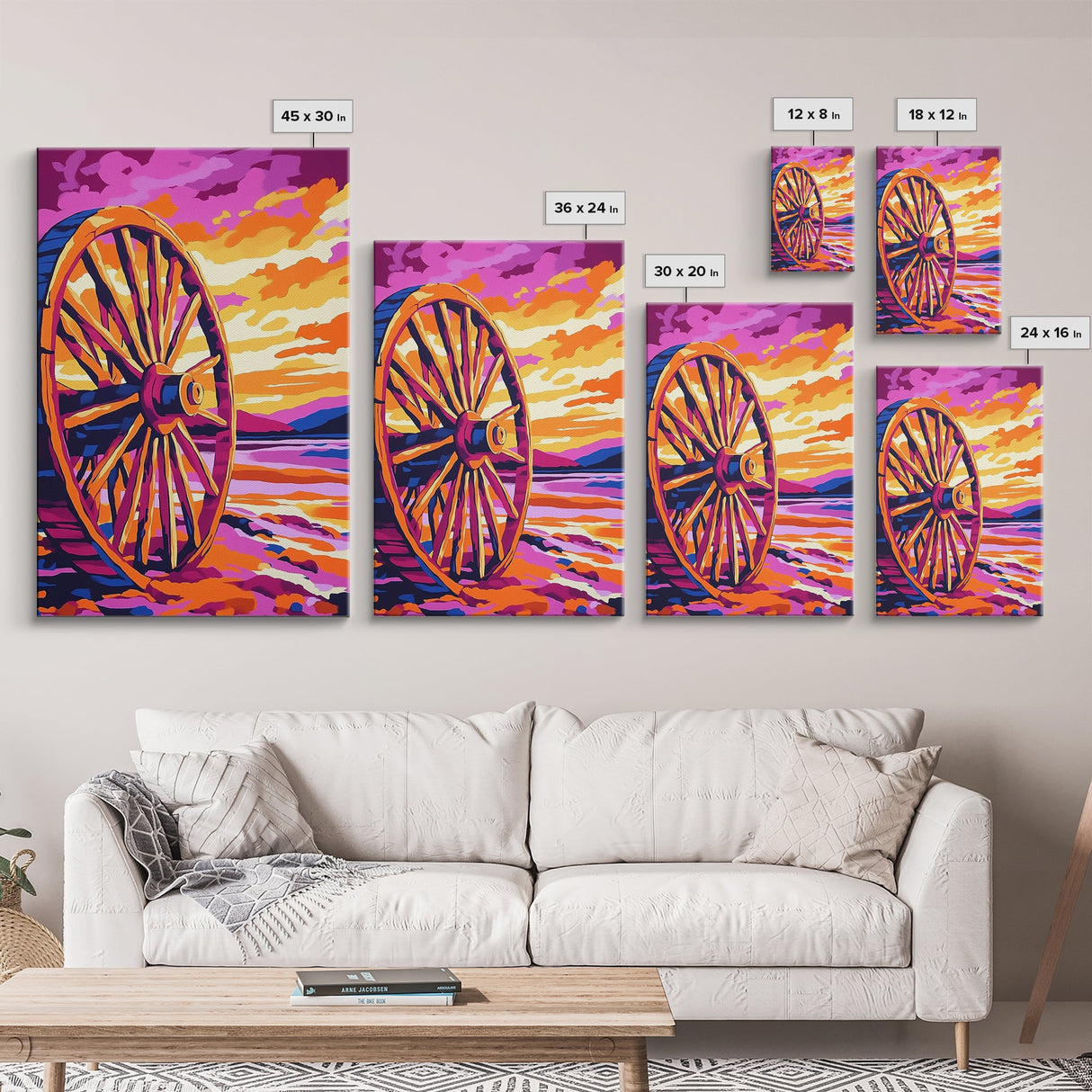 Sunset Wagon Wheel, Bold Color Painting, Southwest Wall Art, Framed Canvas Print, Rustic Decor, Western Aesthetic, Extra Wide Art, Gift Idea