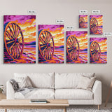 Sunset Wagon Wheel, Bold Color Painting, Southwest Wall Art, Framed Canvas Print, Rustic Decor, Western Aesthetic, Extra Wide Art, Gift Idea