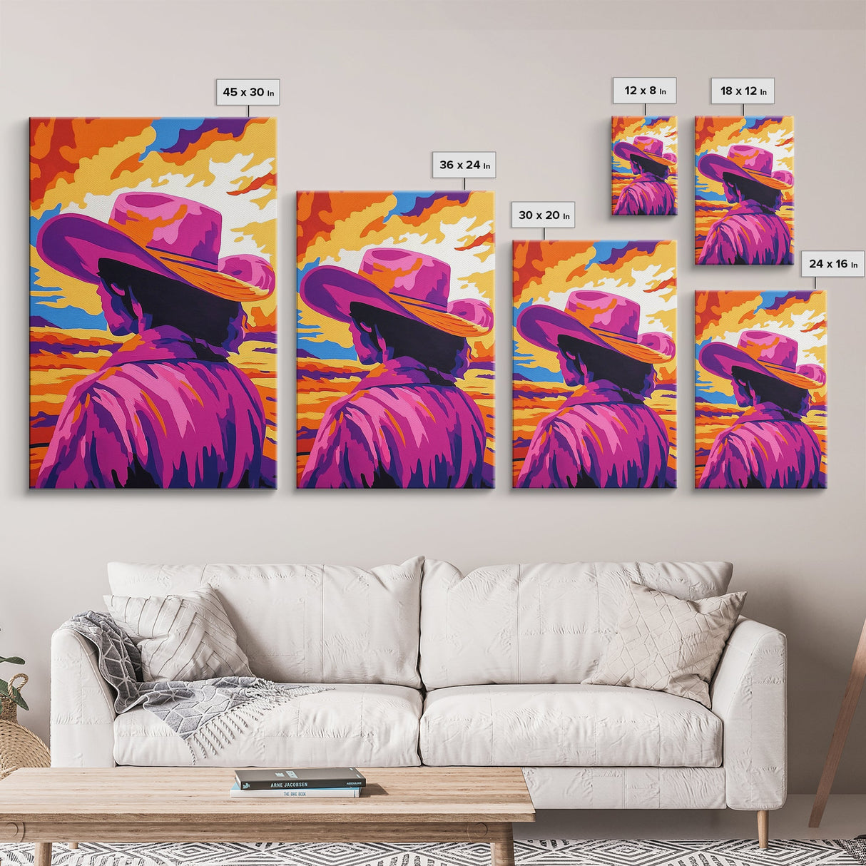 Vibrant Cowboy Painting, Chicano Art, Western Sunset Art, Pink Orange Wall Art, Afrocentric Wall Art, Canvas Print, Southwest Decor, Rustic Wall Art