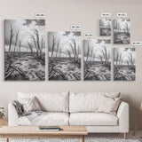 Windblown Trees, stormy sky, moody landscape, wabi sabi art, black and white, framed canvas print, rustic decor, nature photography