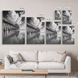 Pier reflection, seascape painting, nautical decor, rustic wall art, black and white photography, extra wide art, framed canvas print