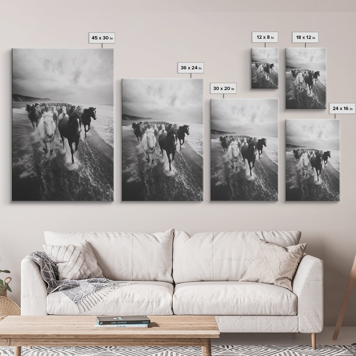 Horse wall art, wild mustangs, moody art, rustic decor, nature photography, black and white art, panoramic art, canvas print, living room art