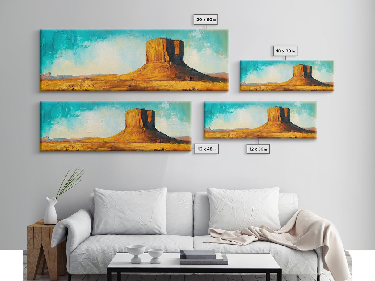 Monument Valley, southwest wall art, mountain painting, rustic wall art, blue and green wall art, extra wide art, Canvas Print
