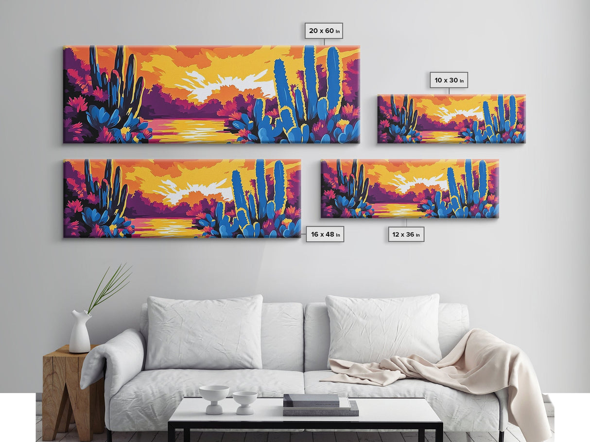Sunset Desert Cacti, Joshua tree art, southwest wall art, extra wide art, pink orange wall art, minimalist art, Canvas Print