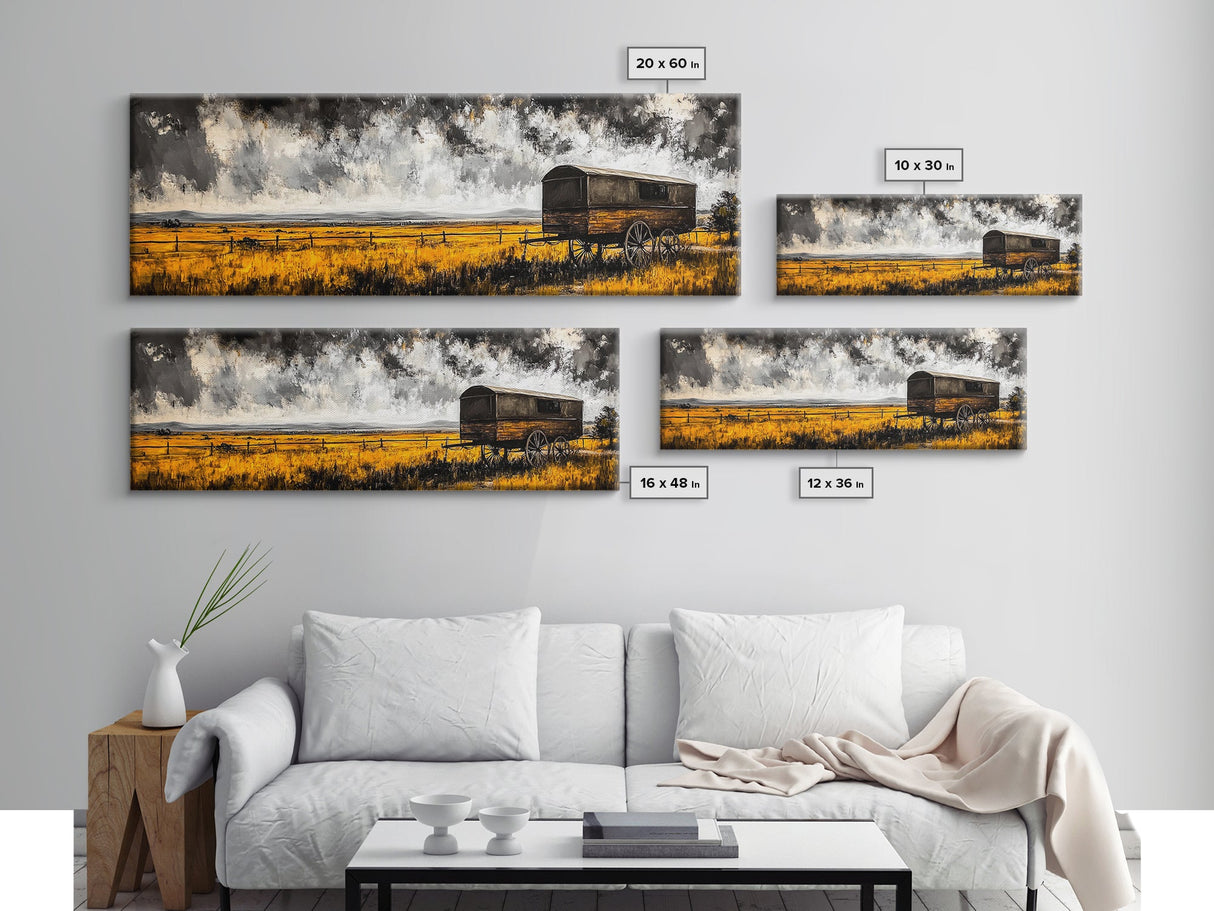 Covered Wagon, rustic art, farmhouse art, smoky mountain art, extra wide art, gift idea for him, above sofa art, Framed Canvas Print