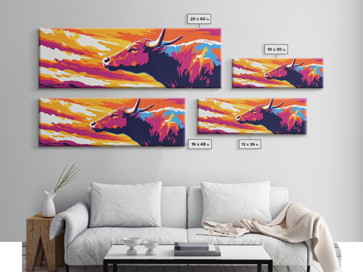 Sunset Bull, bull art, southwest wall art, pink orange wall art, extra wide art, rustic decor, Canvas Print