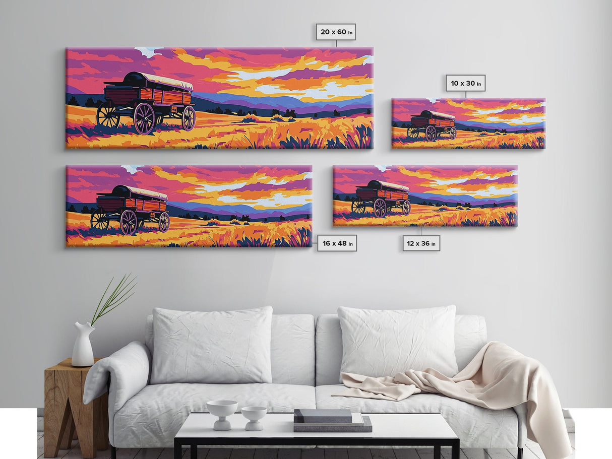 Prairie Wagon, rustic wall art, farmhouse art, cowboy painting, western decor, tall narrow art, panoramic painting, framed canvas print