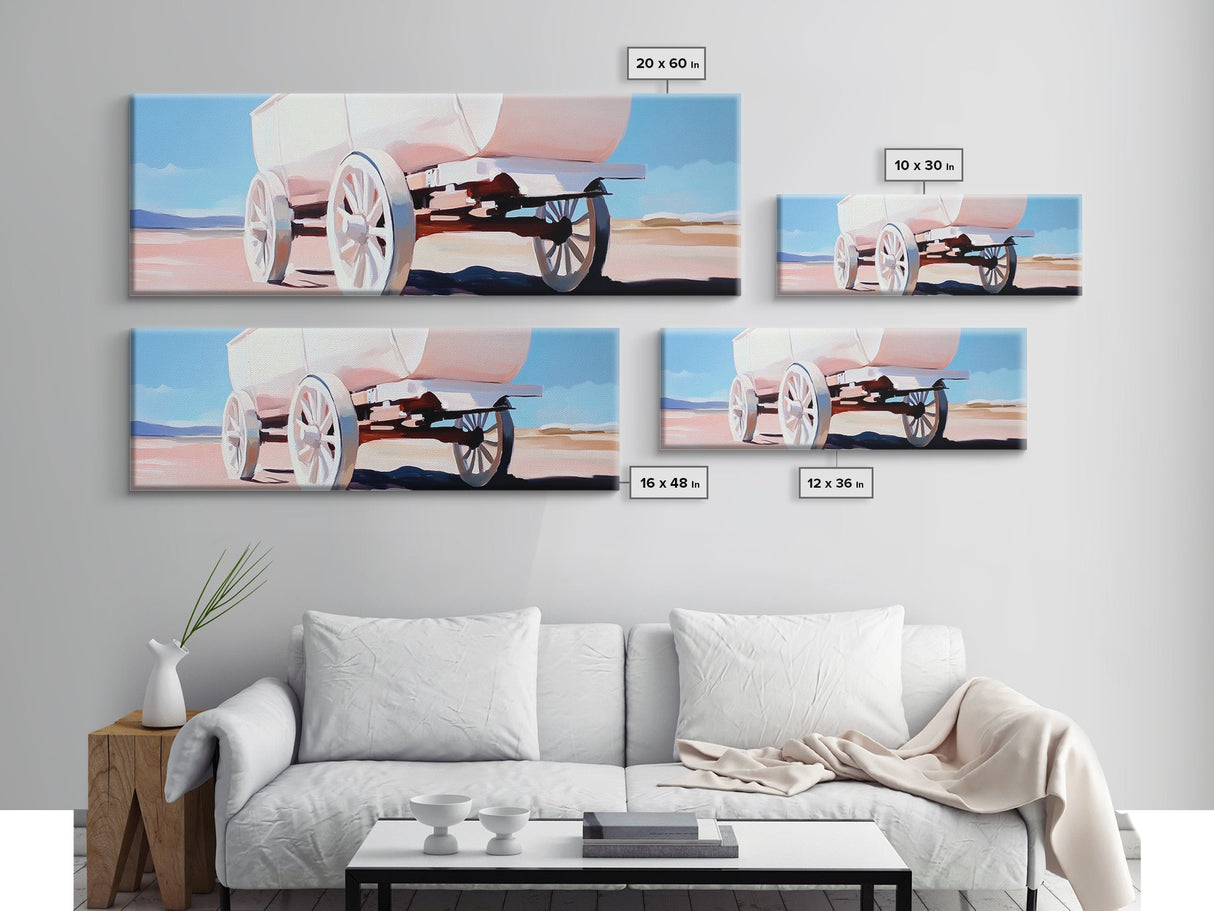 White Wagon, western painting, rustic art, farmhouse wall art, above couch art, cowboy decor, panoramic painting, canvas print, extra wide art