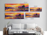 Wagon at Sunset, pink orange wall art, rustic decor, mountain painting, panoramic art, extra wide art, Framed Canvas Print, gift idea
