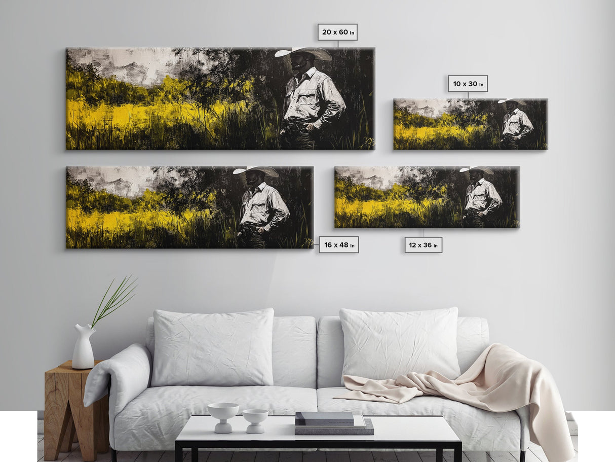 Cowboy in Field, Rustic Wall Art, Farmhouse Art, Canvas Print, Vintage Horse Art, Extra Wide Art, Moody Art, Wabi Sabi Art