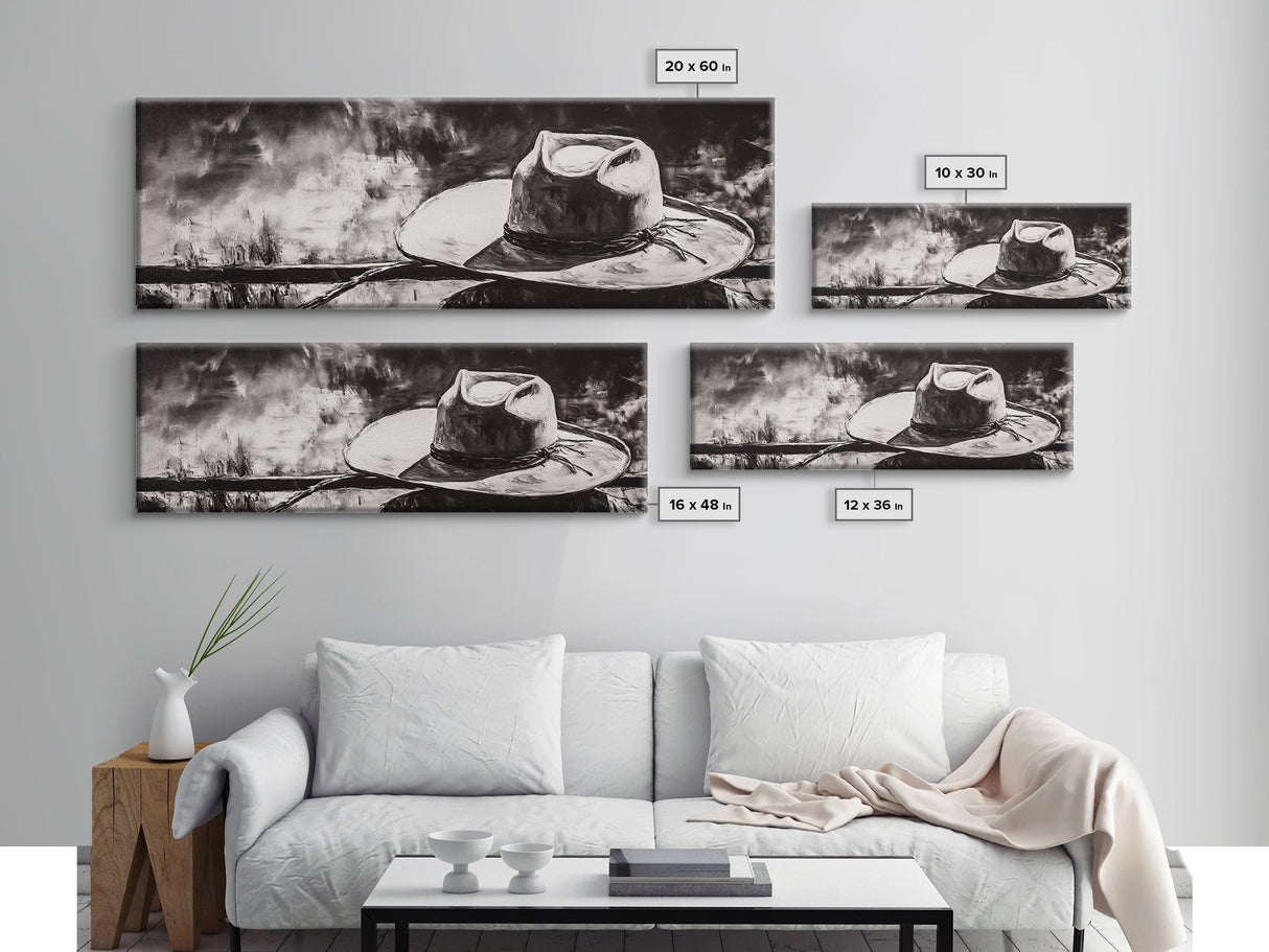 Western Hat Art, Black and White Art, Framed Canvas Print, Rustic Wall Art, Wabi Sabi Art, Extra Wide Art, Minimalist Art