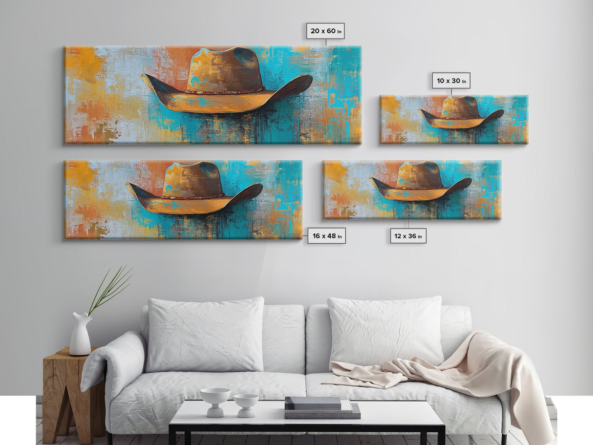Western Hat Painting, Abstract Cowboy Art, Framed Canvas Print, Extra Wide Art, Rustic Decor, Blue and Green Wall Art, Wabi Sabi Art