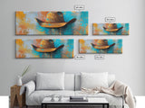 Western Hat Painting, Abstract Cowboy Art, Framed Canvas Print, Extra Wide Art, Rustic Decor, Blue and Green Wall Art, Wabi Sabi Art