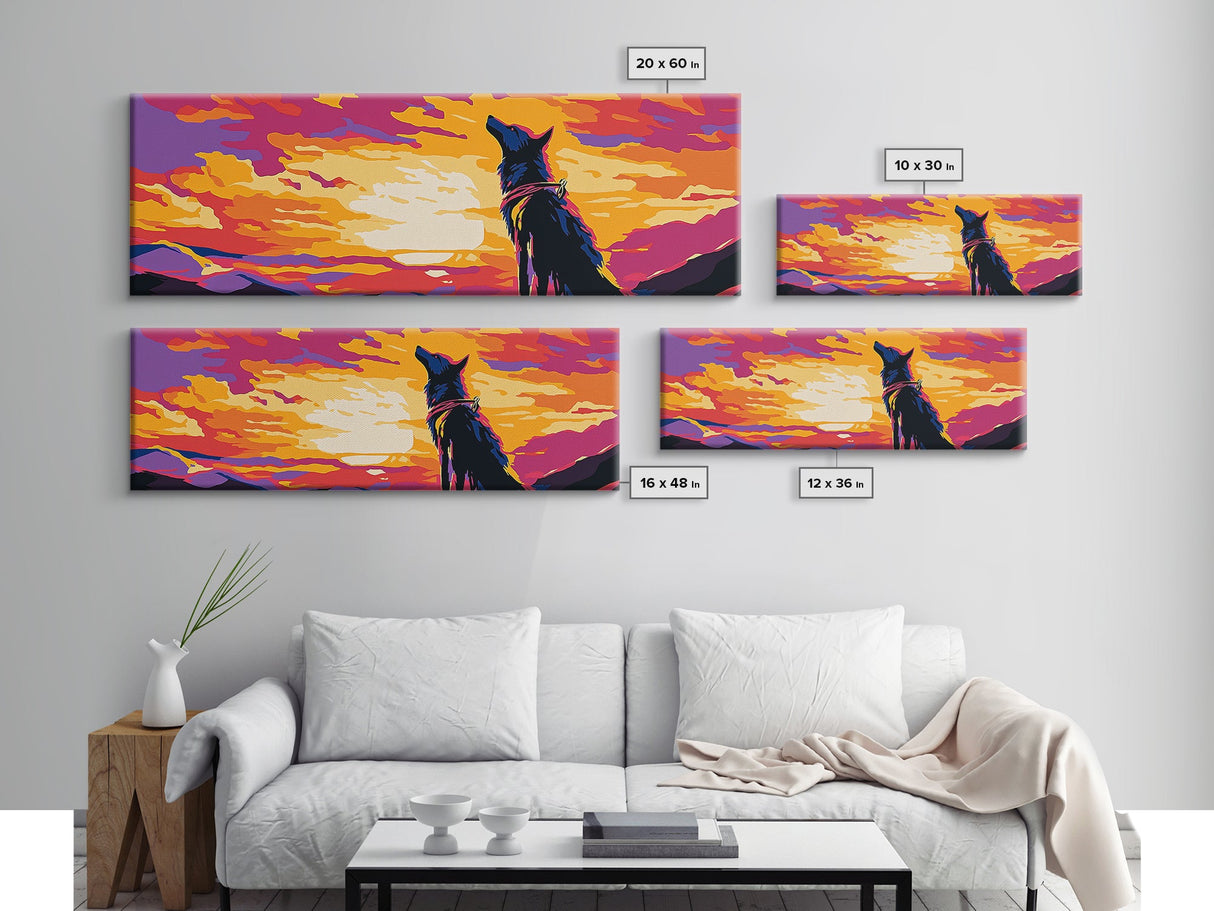 Colorful Wolf Art, sunset animal painting, moody art, pink orange wall art, extra wide art, framed canvas print, panoramic painting