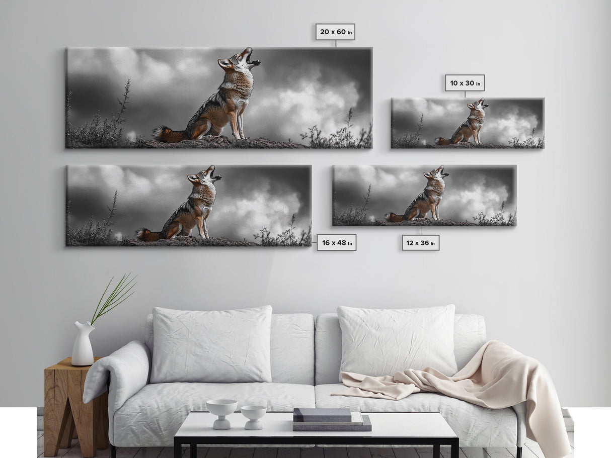 Howling Coyote, Wildlife Art, Nature Wall Art, Rustic Decor, Moody Art, Above Sofa Art, Horizontal Wall Art, Canvas Print