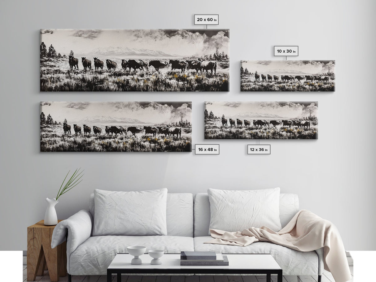 Black And White Wall Art, Framed Canvas Print, Vintage Horse Art, Rustic Wall Art, Extra Wide Art, Moody Art, Western Art, Above Bed Art