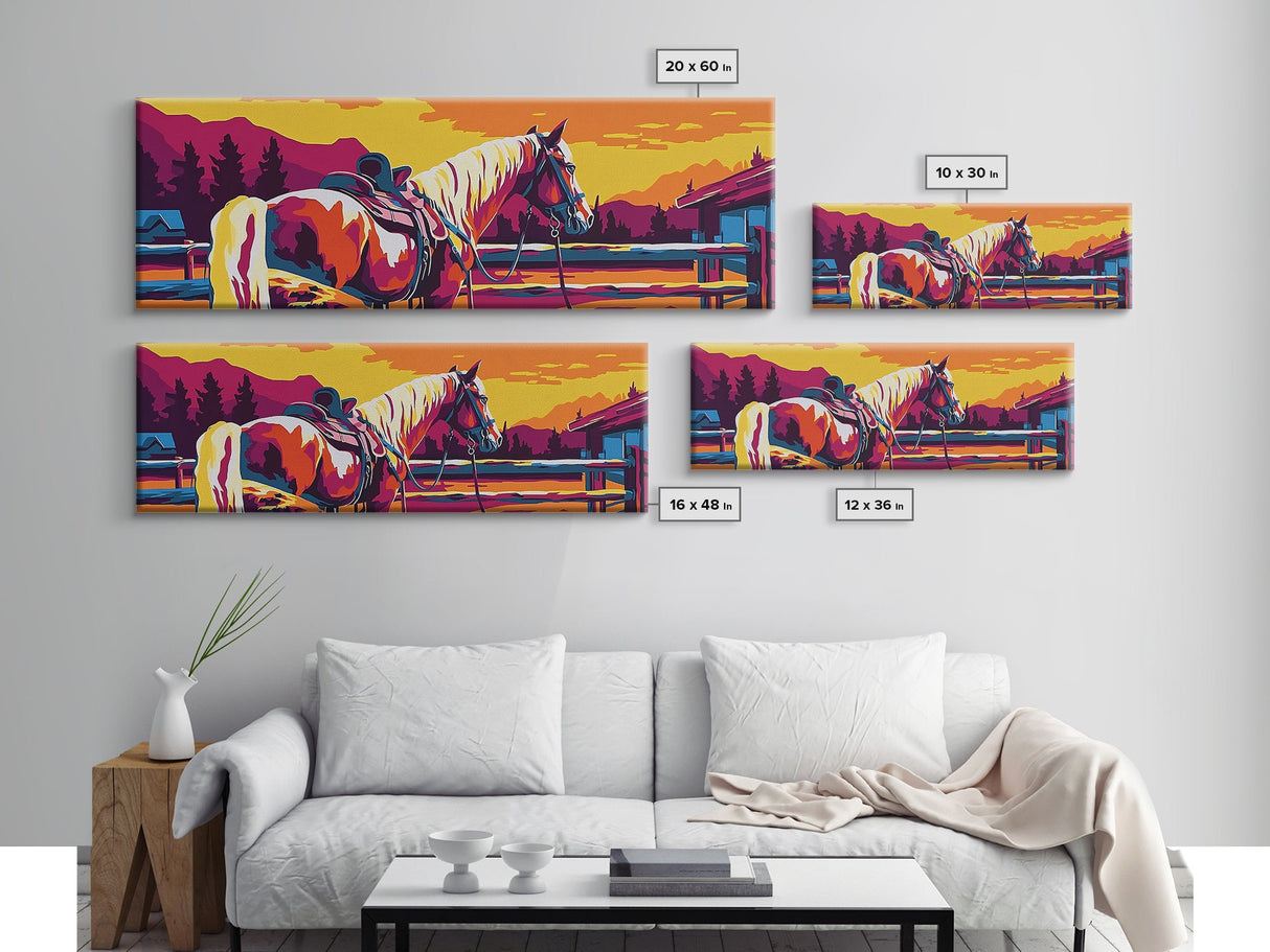 Western horse, saddle, cowboy, sunset, rustic wall art, panoramic art, framed canvas print, extra wide art, horse wall art