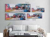 Abstract Barn, barn landscape oil painting, farmhouse art, rustic wall art, extra wide art, framed canvas print, colorful decor