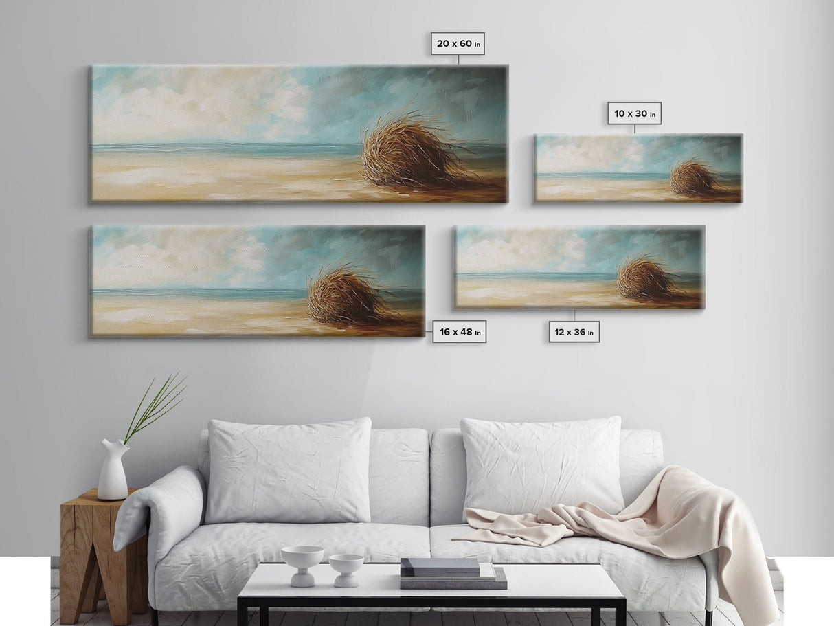 Beach Tumbleweed Art, Coastal Landscape, Seascape Painting, Nautical Wall Art, Wabi Sabi Art, Framed Canvas Print, Rustic Decor