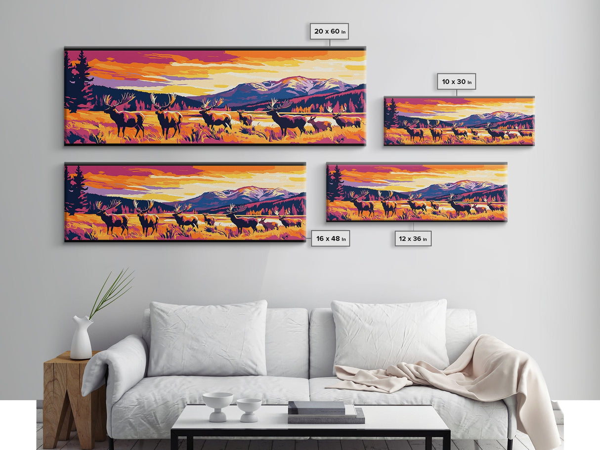 Vibrant Elk Painting, Sunset Mountain Art, Southwest Wall Art, Bold Color Art, Pink Orange Wall Art, Framed Canvas Print, Boho Art