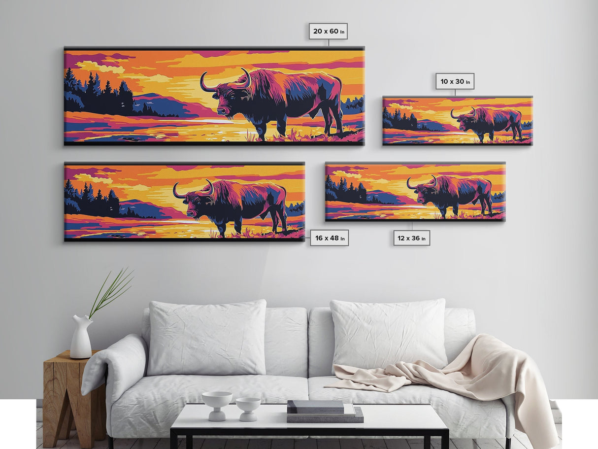 Buffalo painting, colorful animal art, rustic decor, extra wide art, framed canvas print, southwest wall art, landscape painting, wild west art