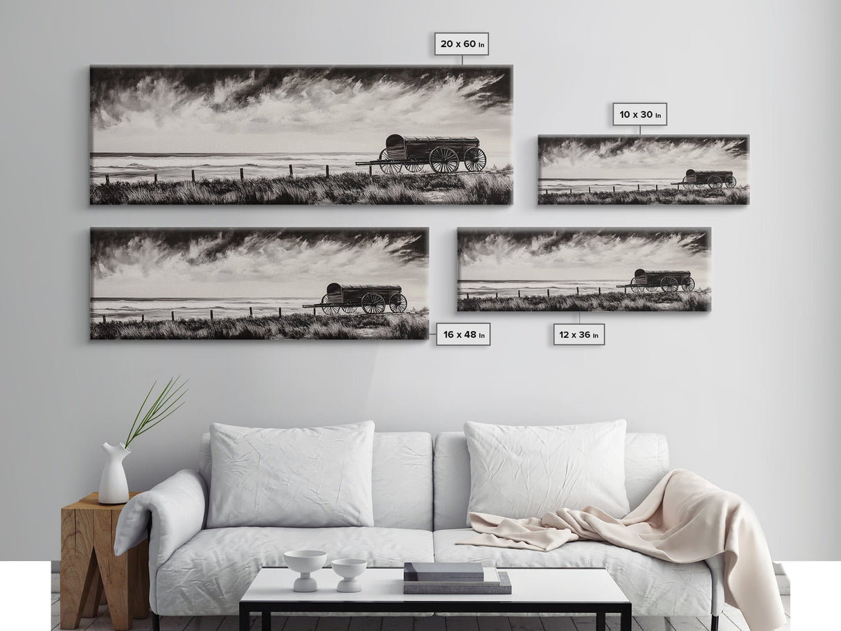 Stormy Wagon, black and white art, moody western painting, rustic decor, farmhouse wall art, extra wide panoramic art, framed canvas print.