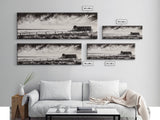 Stormy Wagon, black and white art, moody western painting, rustic decor, farmhouse wall art, extra wide panoramic art, framed canvas print.